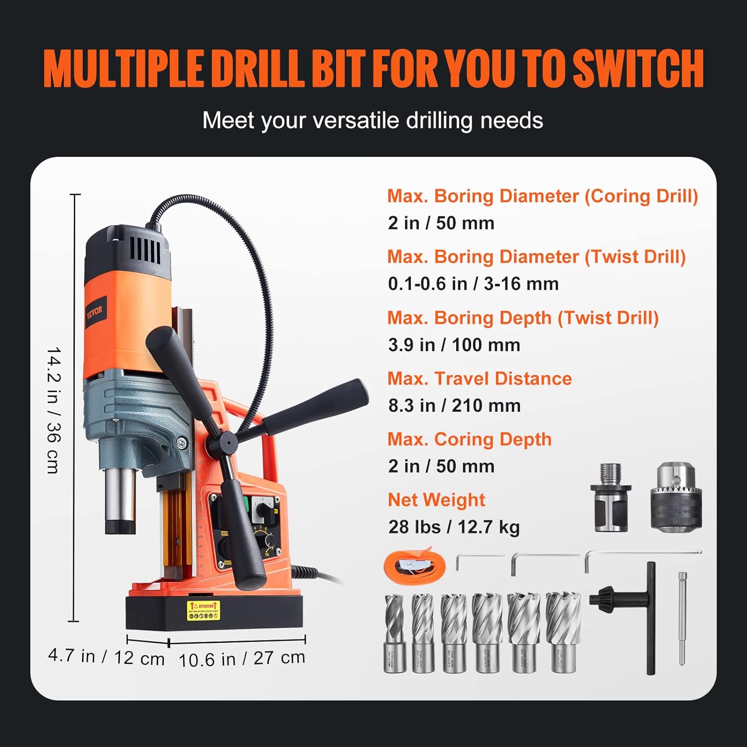 Mag Drill Press, 1300W 1.57 Boring Diameter, 2922lbf Power Portable Magnetic Drill, 810 PRM, 11Pcs Drill Bits Electric Drilling Machine for Metal Surface, Industrial and Home Improvement