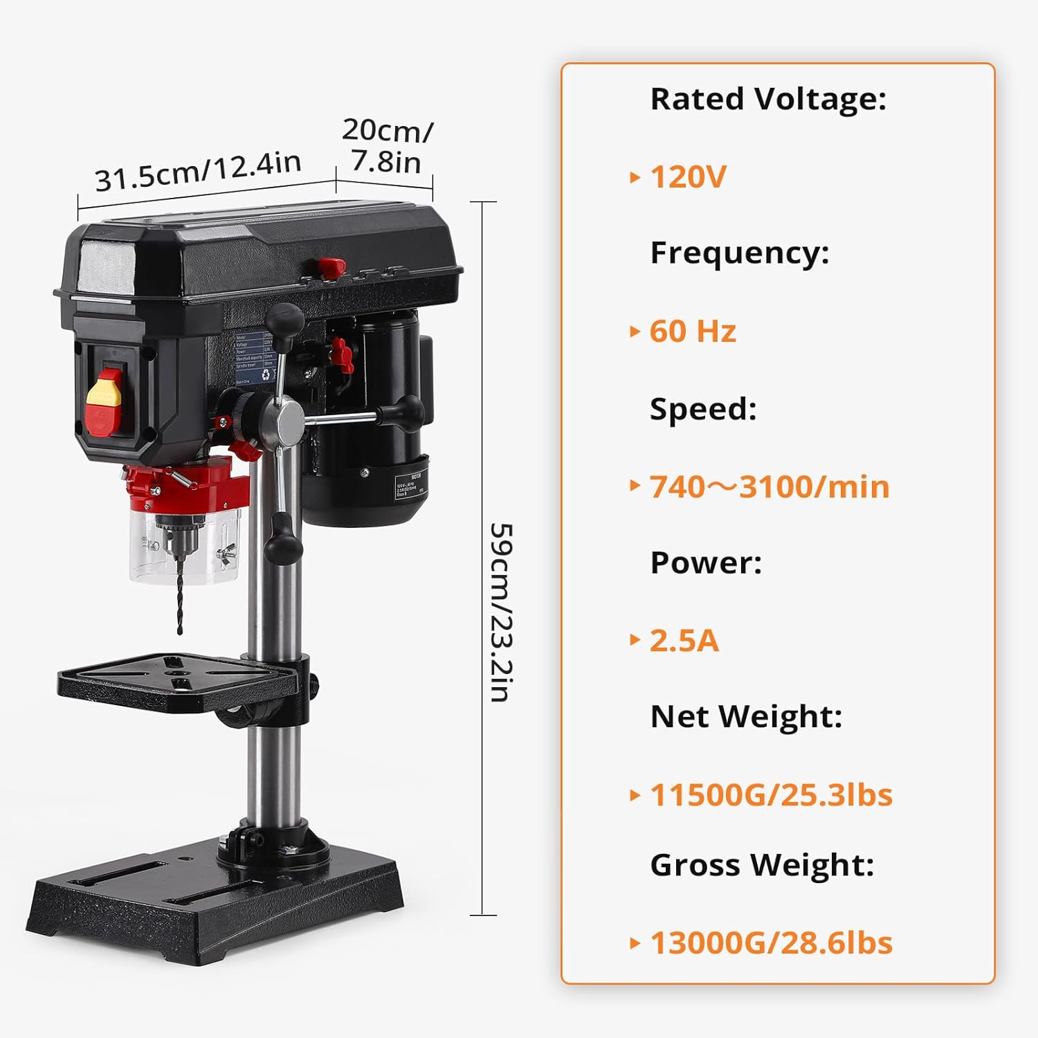 Towallmark Benchtop Drill Press, 2.5Amp Benchtop Drill Machine with 5 Speed Adjustable, 8 Inch Swing Distance 0-45° Tiltling Tabletop Drilling Machine for Wood, Metal