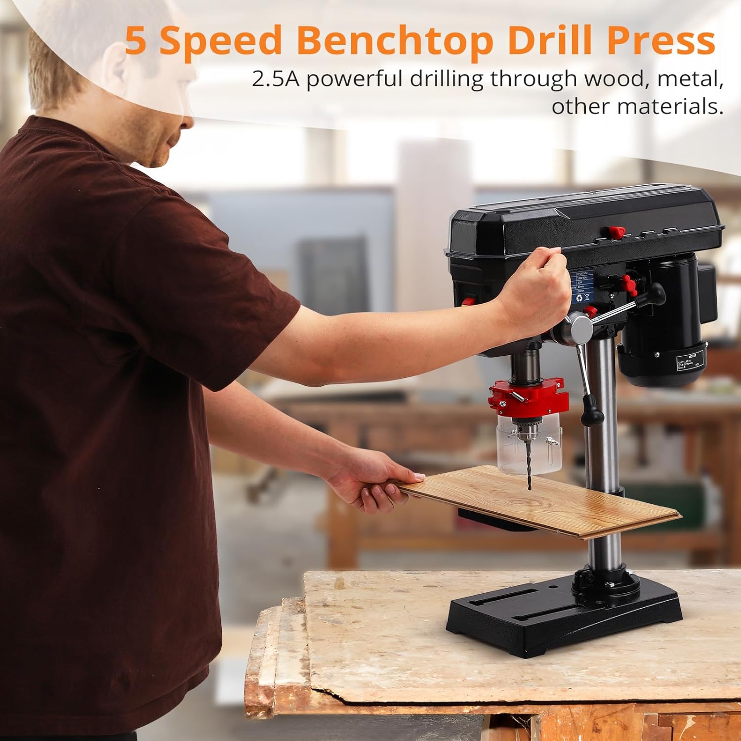 Towallmark Benchtop Drill Press, 2.5Amp Benchtop Drill Machine with 5 Speed Adjustable, 8 Inch Swing Distance 0-45° Tiltling Tabletop Drilling Machine for Wood, Metal